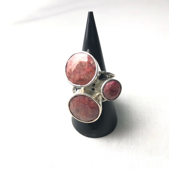 925 Silver Rhodochrosite Ring Natural Pink Round Gemstone Triple Band Sz 7 - Picture 2 of 15